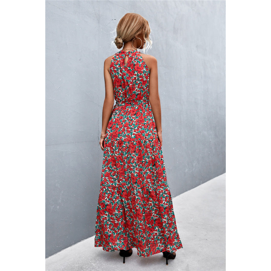 Printed Sleeveless Tie Waist Maxi Dress