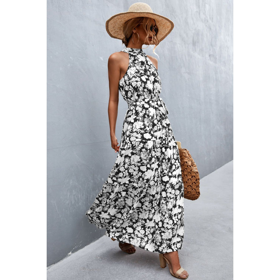 Printed Sleeveless Tie Waist Maxi Dress