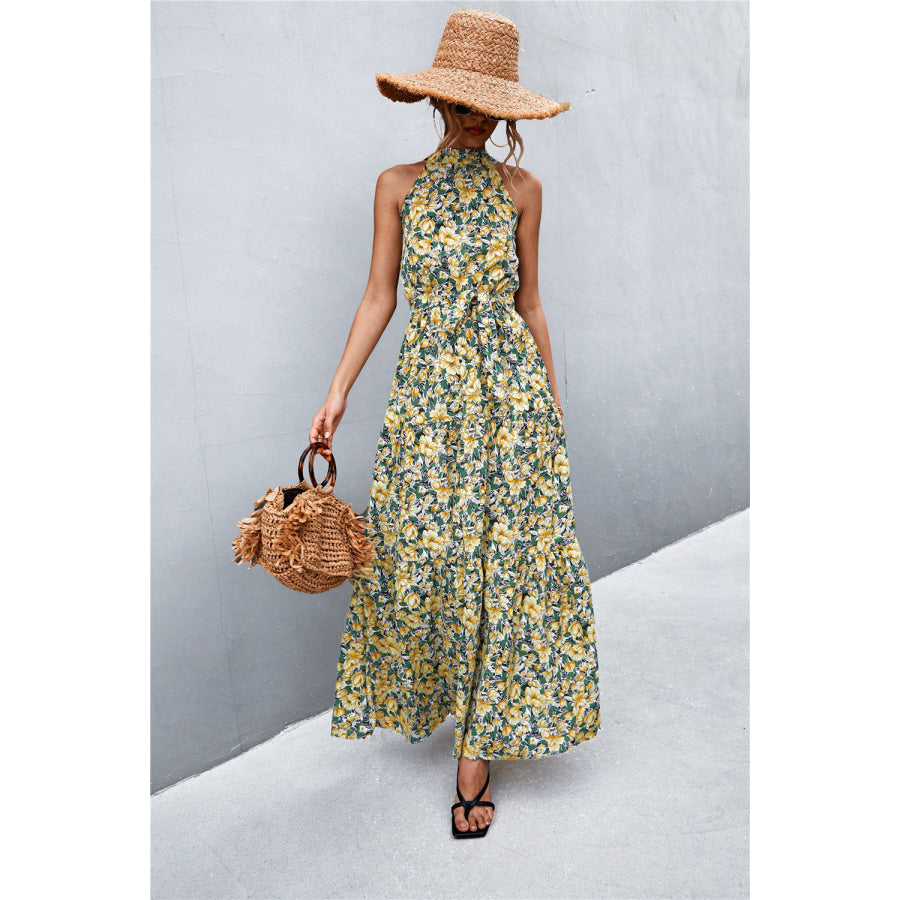 Printed Sleeveless Tie Waist Maxi Dress