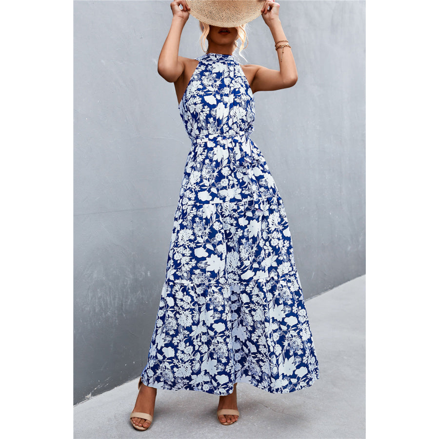 Printed Sleeveless Tie Waist Maxi Dress