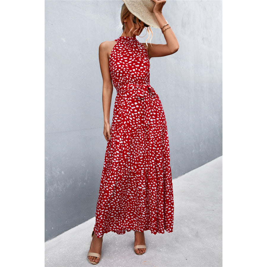 Printed Sleeveless Tie Waist Maxi Dress