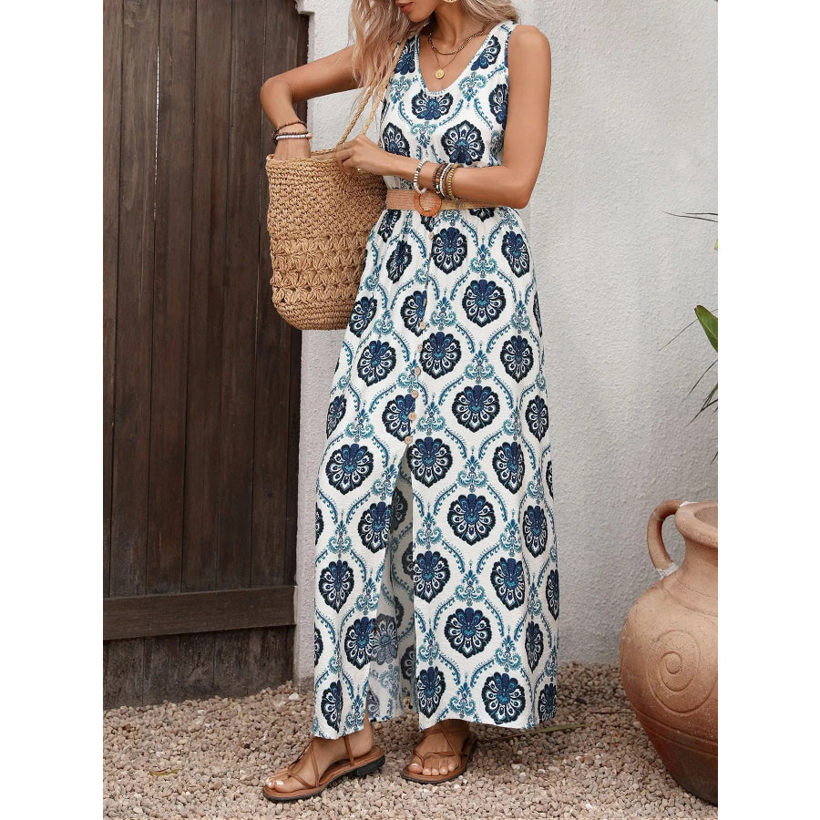 Printed Slit Sleeveless Maxi Dress Apparel and Accessories
