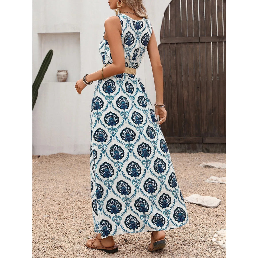 Printed Slit Sleeveless Maxi Dress Apparel and Accessories