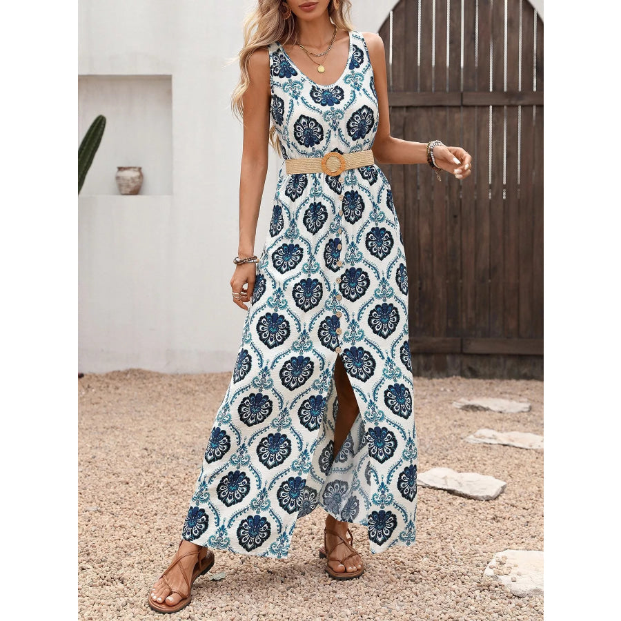 Printed Slit Sleeveless Maxi Dress Blue / S Apparel and Accessories