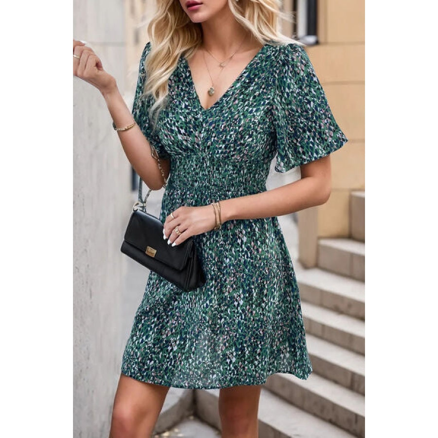 Printed Smocked Crisscross V-Neck Mini Dress Teal / S Apparel and Accessories