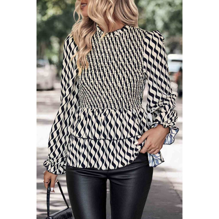 Printed Smocked Flounce Sleeve Blouse Black / S