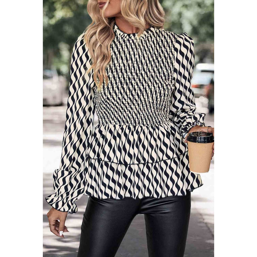 Printed Smocked Flounce Sleeve Blouse