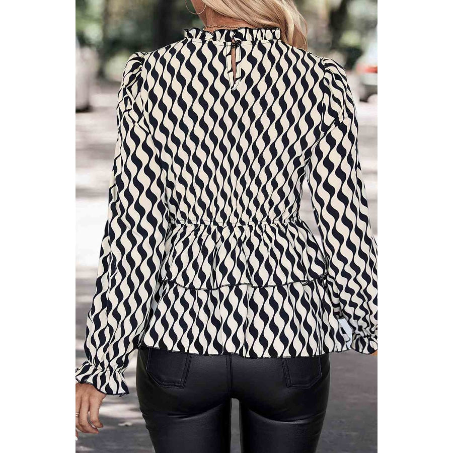 Printed Smocked Flounce Sleeve Blouse Black / S