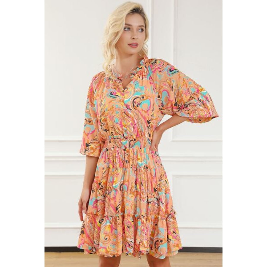 Printed Smocked Frill Tiered Dress Tangerine / S Clothing