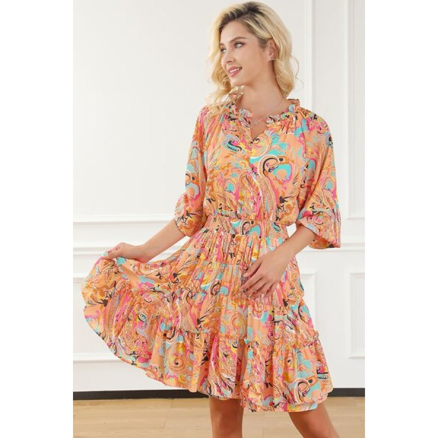 Printed Smocked Frill Tiered Dress Clothing