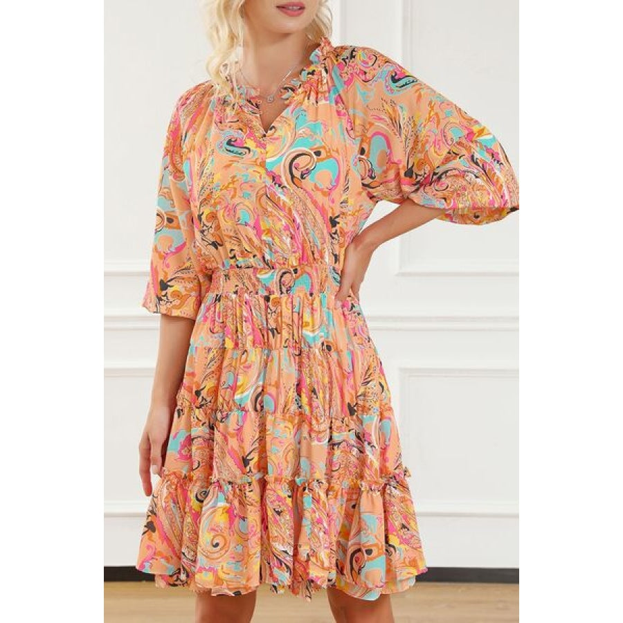 Printed Smocked Frill Tiered Dress Tangerine / S Clothing