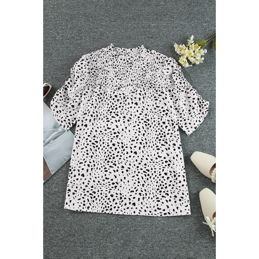 Printed Smocked Mock Neck Blouse