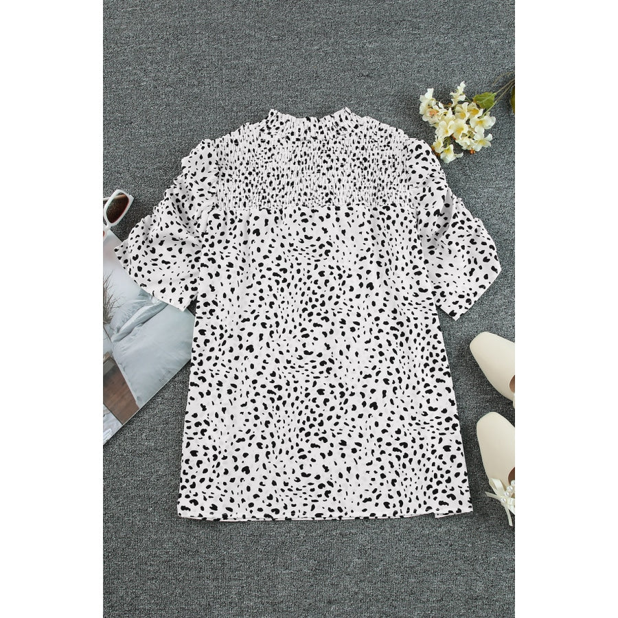 Printed Smocked Mock Neck Blouse