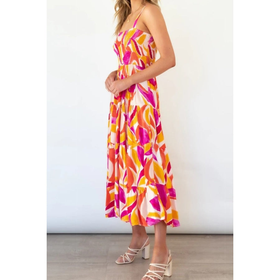 Printed Smocked Square Neck Tiered Sleeveless Dress