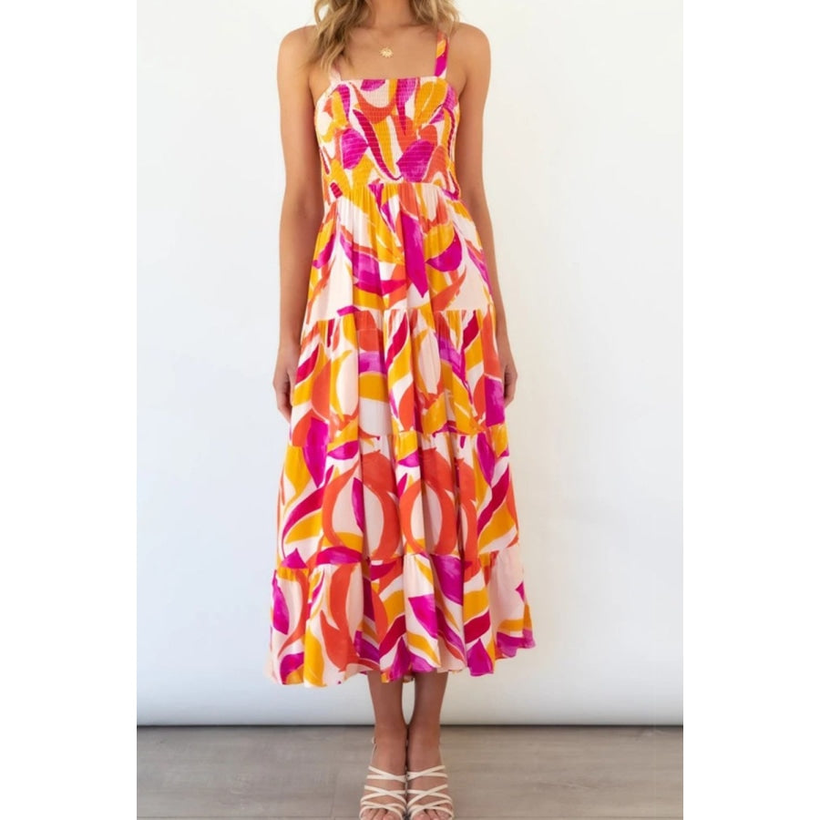 Printed Smocked Square Neck Tiered Sleeveless Dress