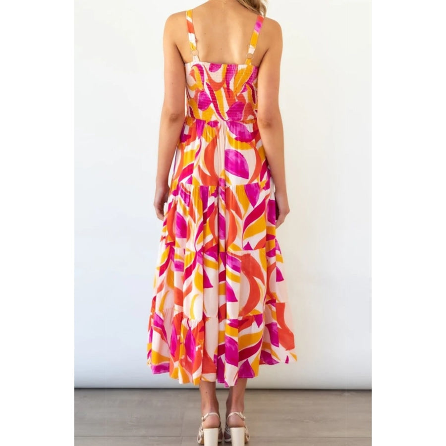 Printed Smocked Square Neck Tiered Sleeveless Dress