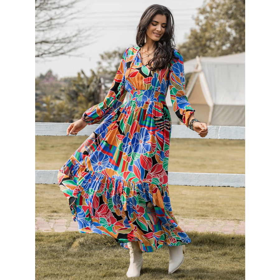 Printed Smocked Tie Neck Balloon Sleeve Maxi Dress Apparel and Accessories