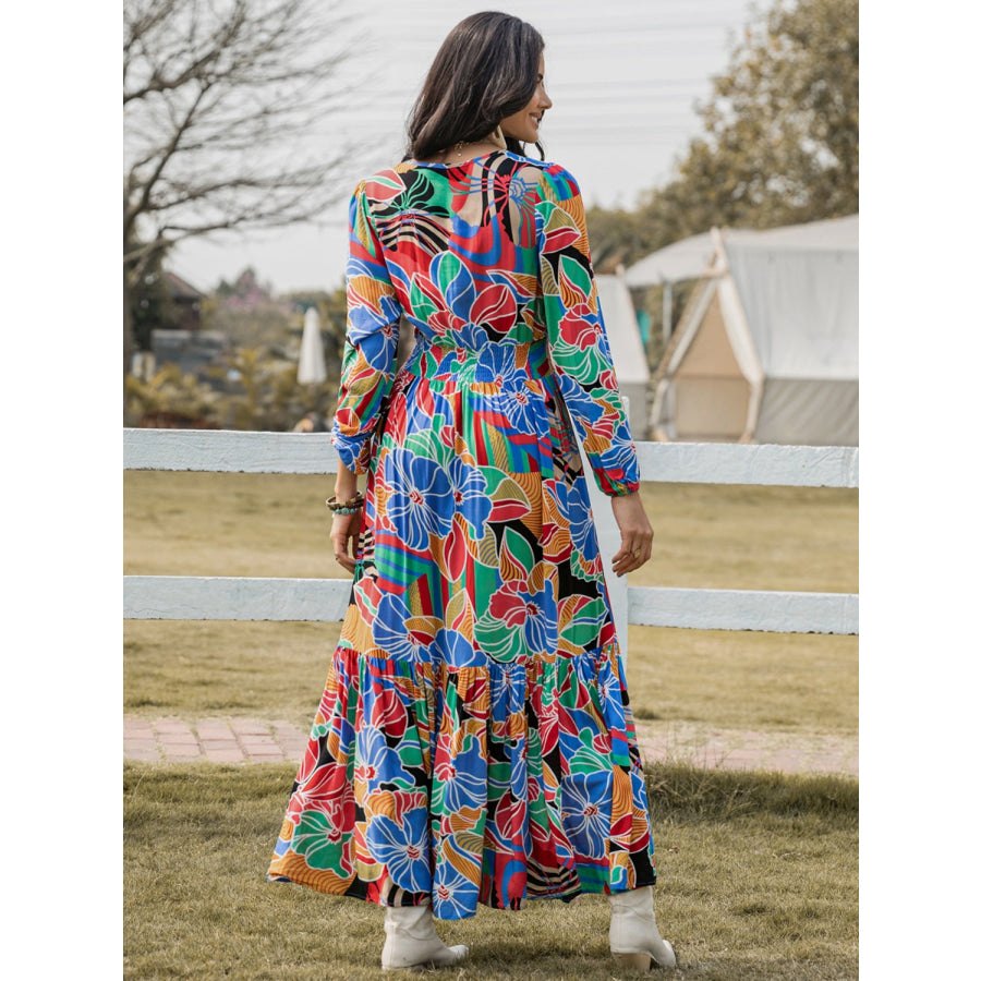 Printed Smocked Tie Neck Balloon Sleeve Maxi Dress Multicolor / S Apparel and Accessories