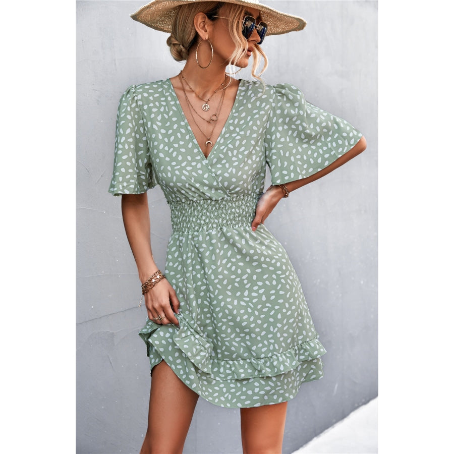 Printed Smocked Waist Layered Surplice Dress Gum Leaf / S