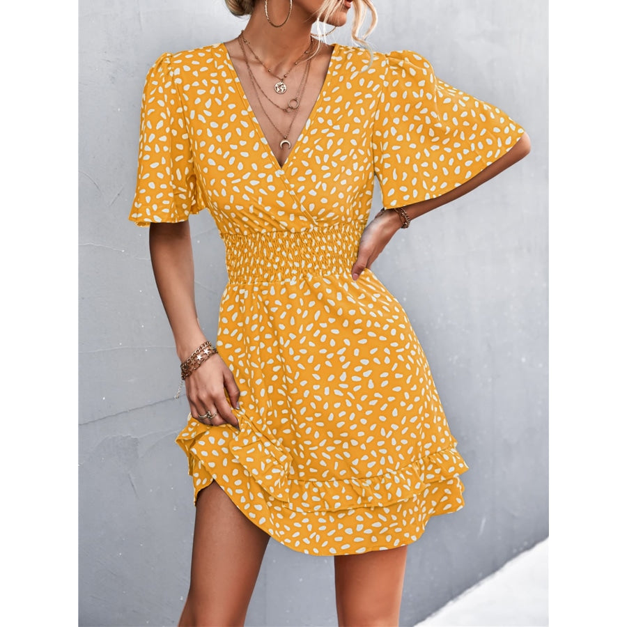 Printed Smocked Waist Layered Surplice Dress Mustard / S