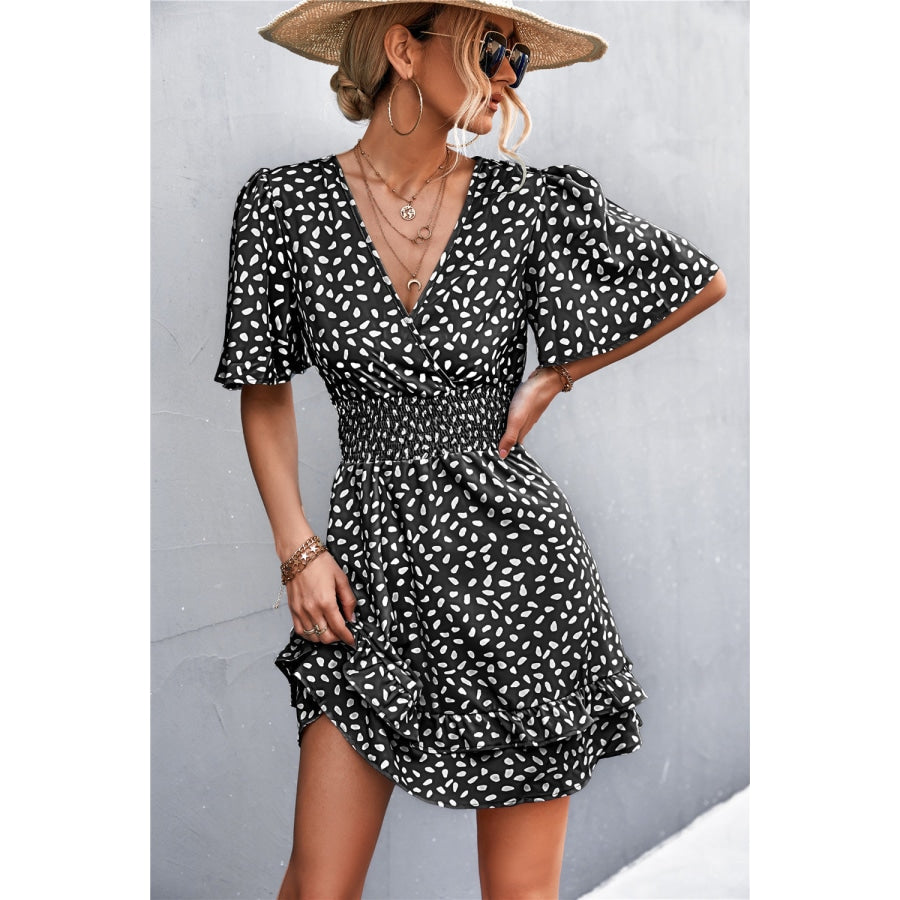 Printed Smocked Waist Layered Surplice Dress