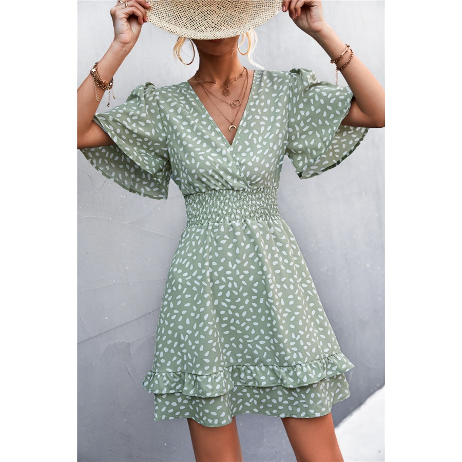 Printed Smocked Waist Layered Surplice Dress