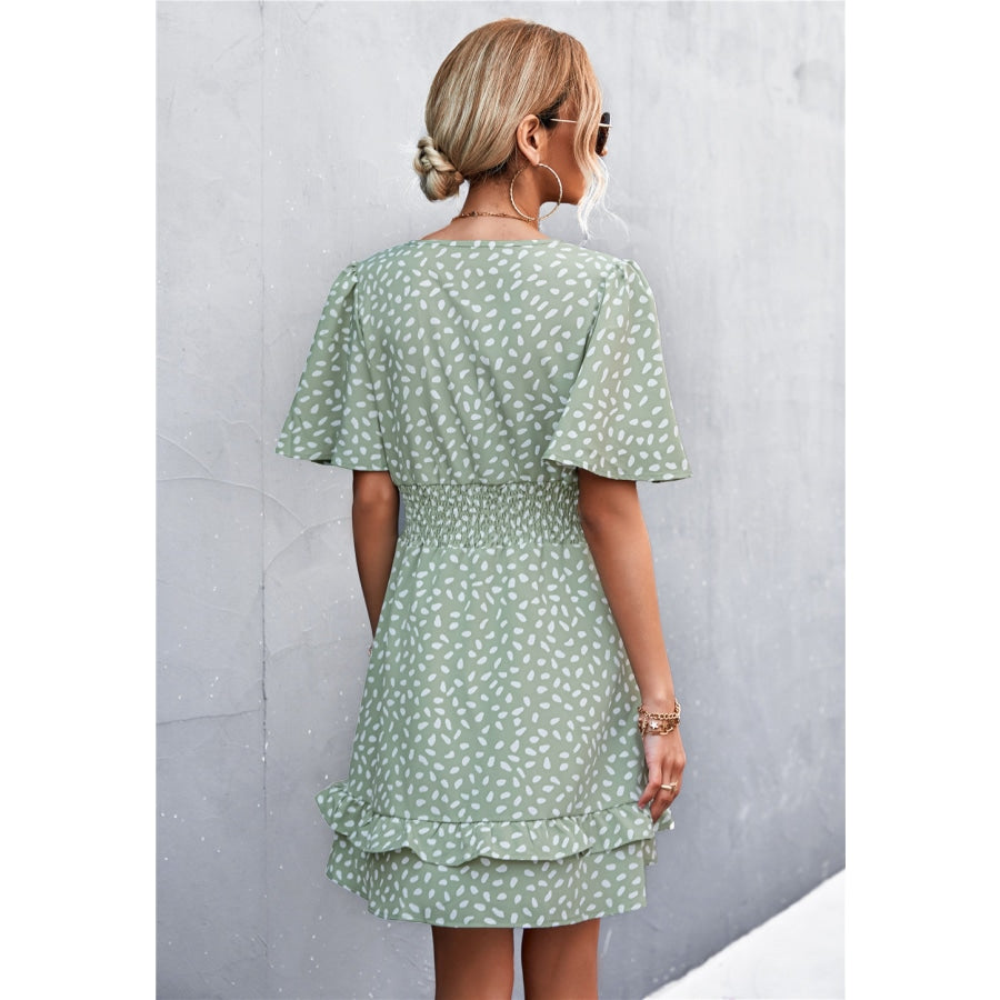 Printed Smocked Waist Layered Surplice Dress