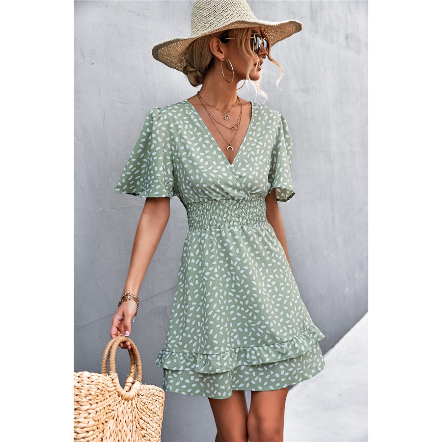 Printed Smocked Waist Layered Surplice Dress