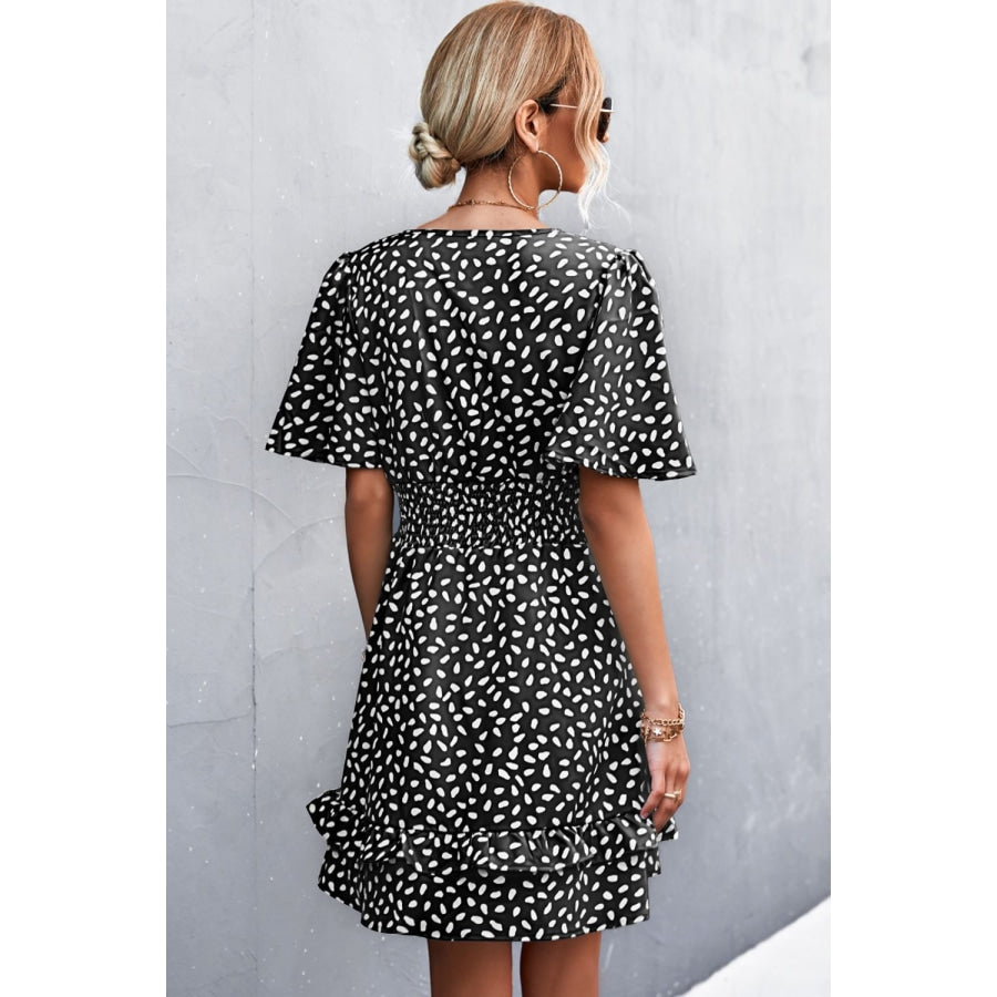 Printed Smocked Waist Layered Surplice Dress