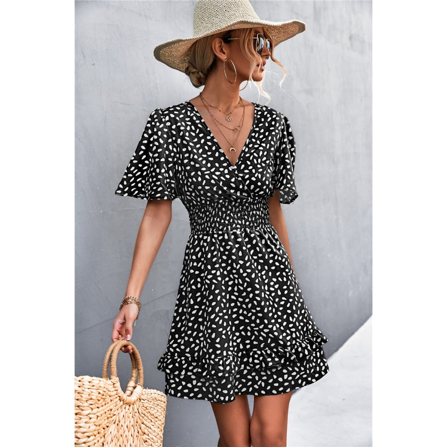 Printed Smocked Waist Layered Surplice Dress