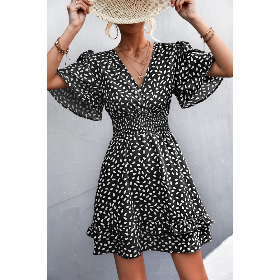 Printed Smocked Waist Layered Surplice Dress