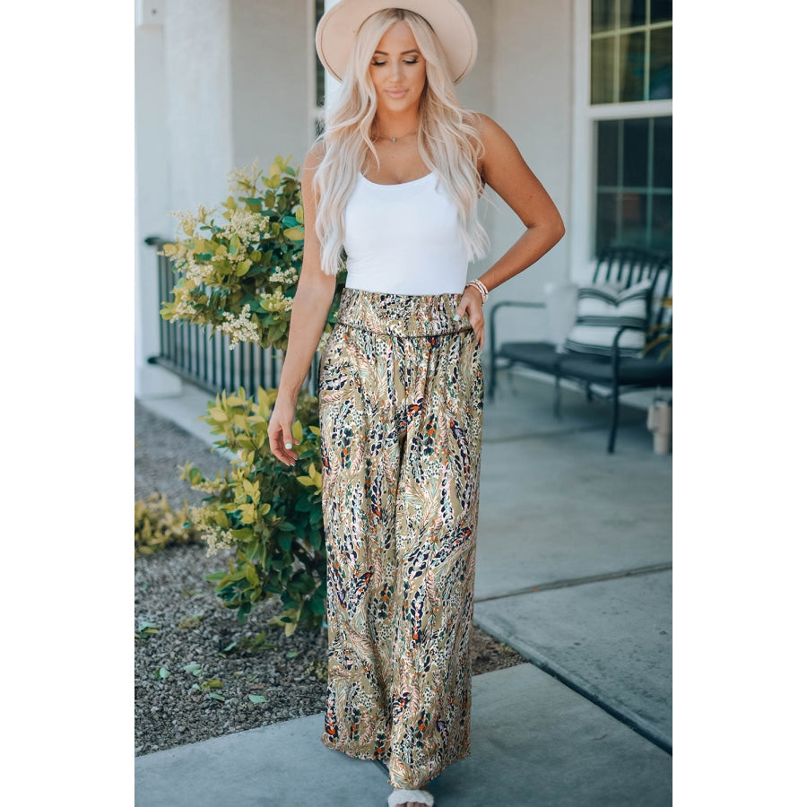 Printed Smocked Waist Wide Leg Pants