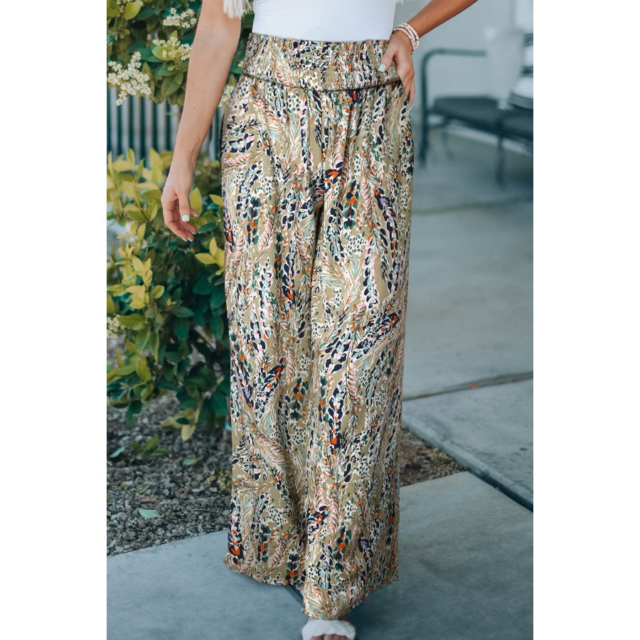 Printed Smocked Waist Wide Leg Pants