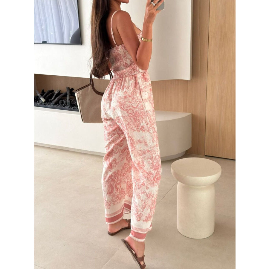 Printed Smocked Wide Leg Jumpsuit Apparel and Accessories
