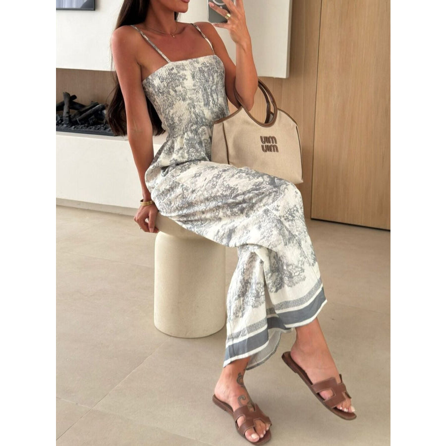 Printed Smocked Wide Leg Jumpsuit Apparel and Accessories