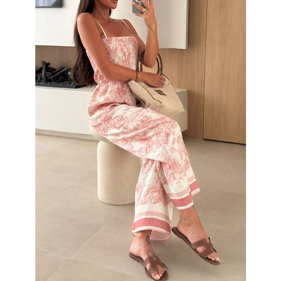 Printed Smocked Wide Leg Jumpsuit Apparel and Accessories