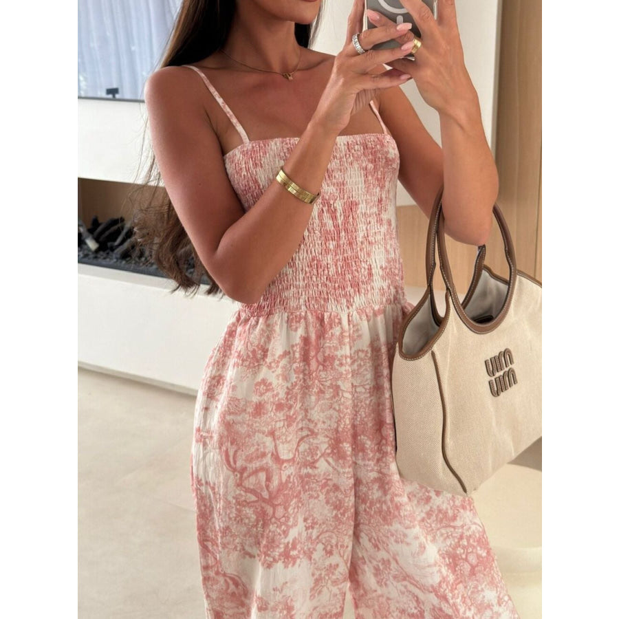 Printed Smocked Wide Leg Jumpsuit Apparel and Accessories