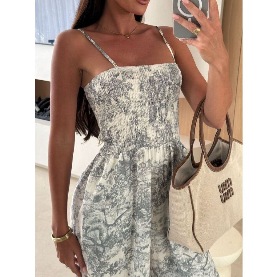 Printed Smocked Wide Leg Jumpsuit Apparel and Accessories
