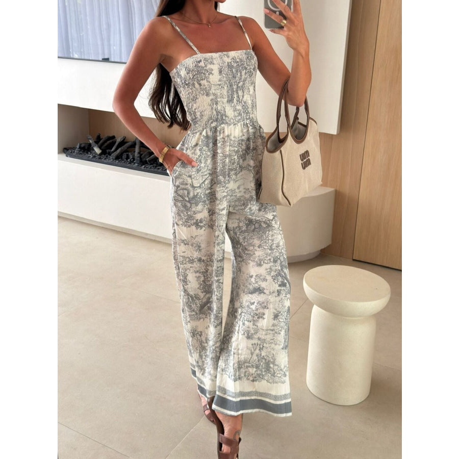 Printed Smocked Wide Leg Jumpsuit Apparel and Accessories