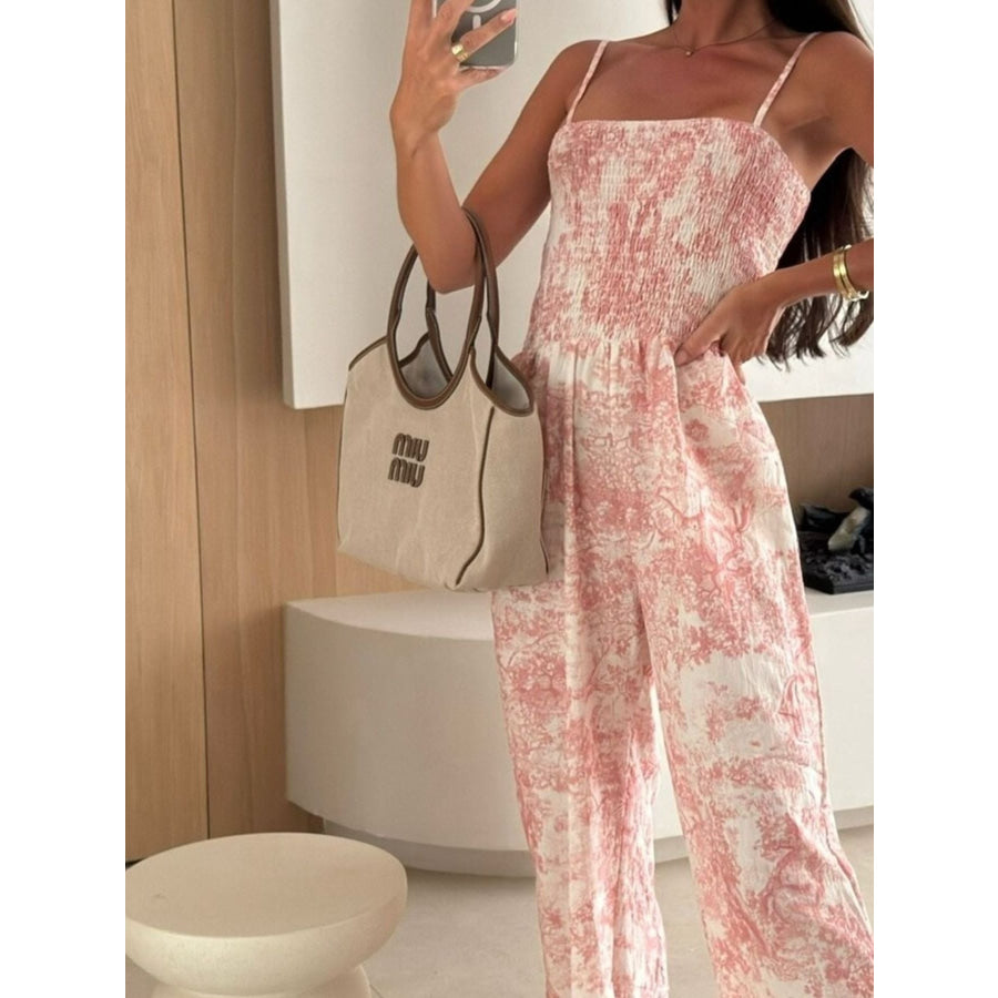 Printed Smocked Wide Leg Jumpsuit Apparel and Accessories