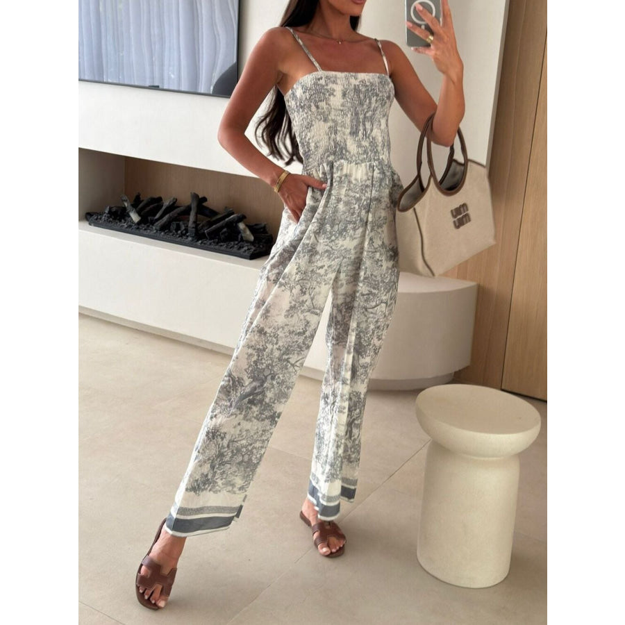Printed Smocked Wide Leg Jumpsuit Light Gray / S Apparel and Accessories