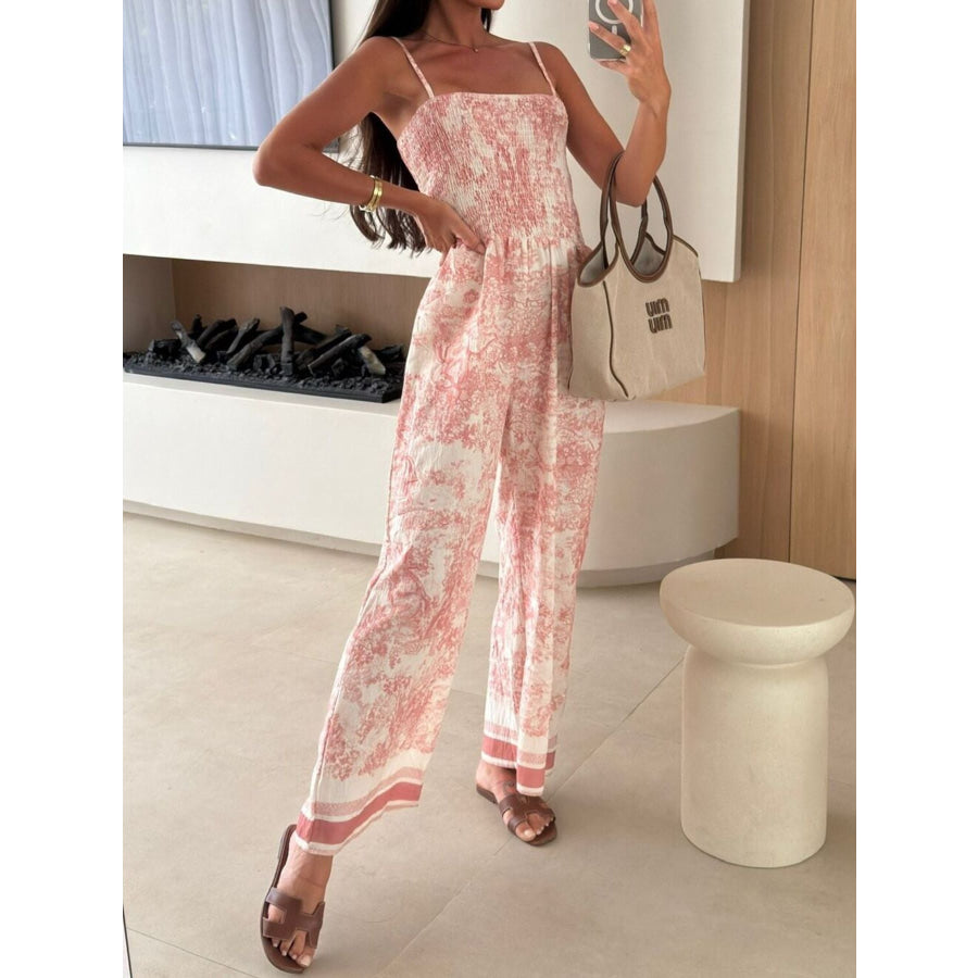 Printed Smocked Wide Leg Jumpsuit Pink / S Apparel and Accessories