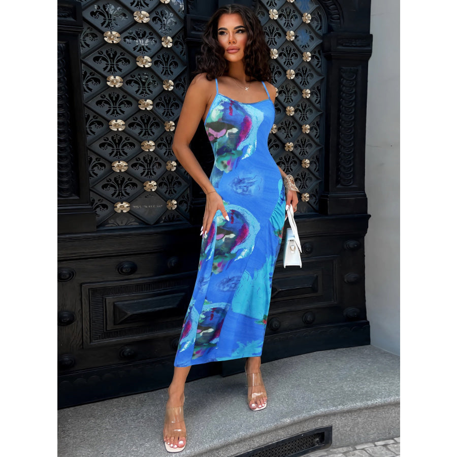 Printed Spaghetti Strap Cami Dress Blue / S Apparel and Accessories