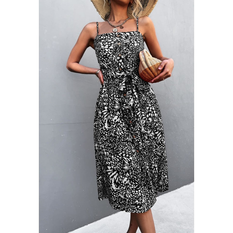 Printed Spaghetti Strap Decorative Button Belted Dress Black / S