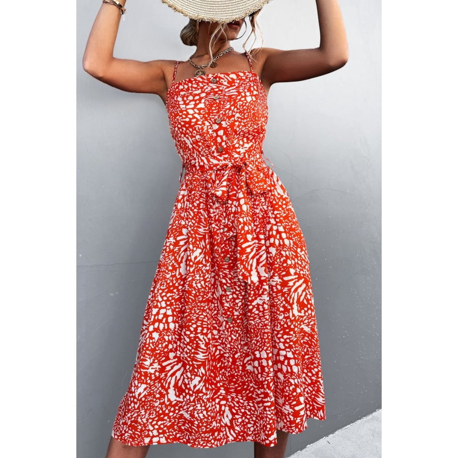 Printed Spaghetti Strap Decorative Button Belted Dress Orange / S