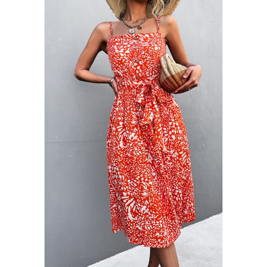 Printed Spaghetti Strap Decorative Button Belted Dress