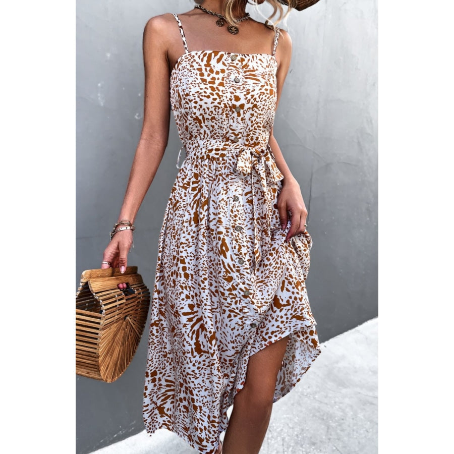 Printed Spaghetti Strap Decorative Button Belted Dress