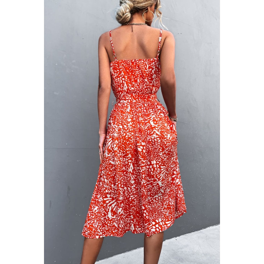 Printed Spaghetti Strap Decorative Button Belted Dress