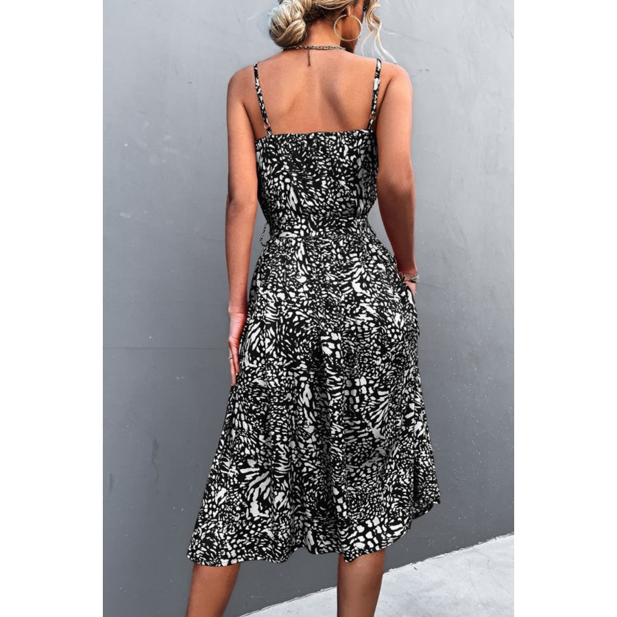 Printed Spaghetti Strap Decorative Button Belted Dress