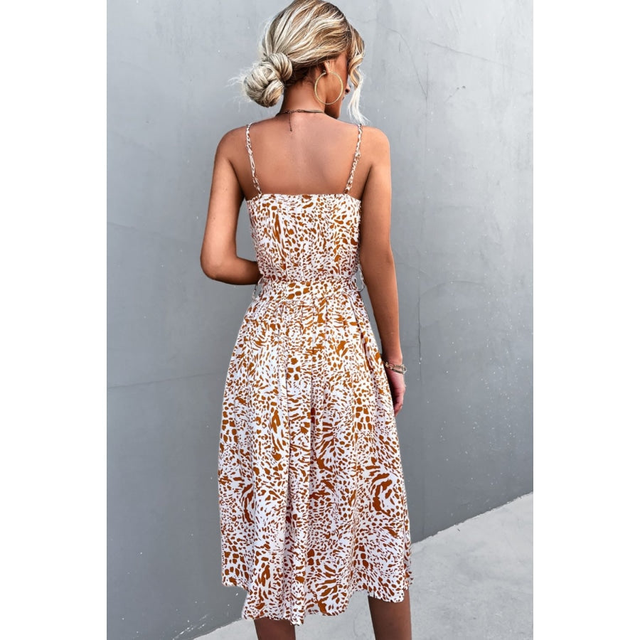 Printed Spaghetti Strap Decorative Button Belted Dress